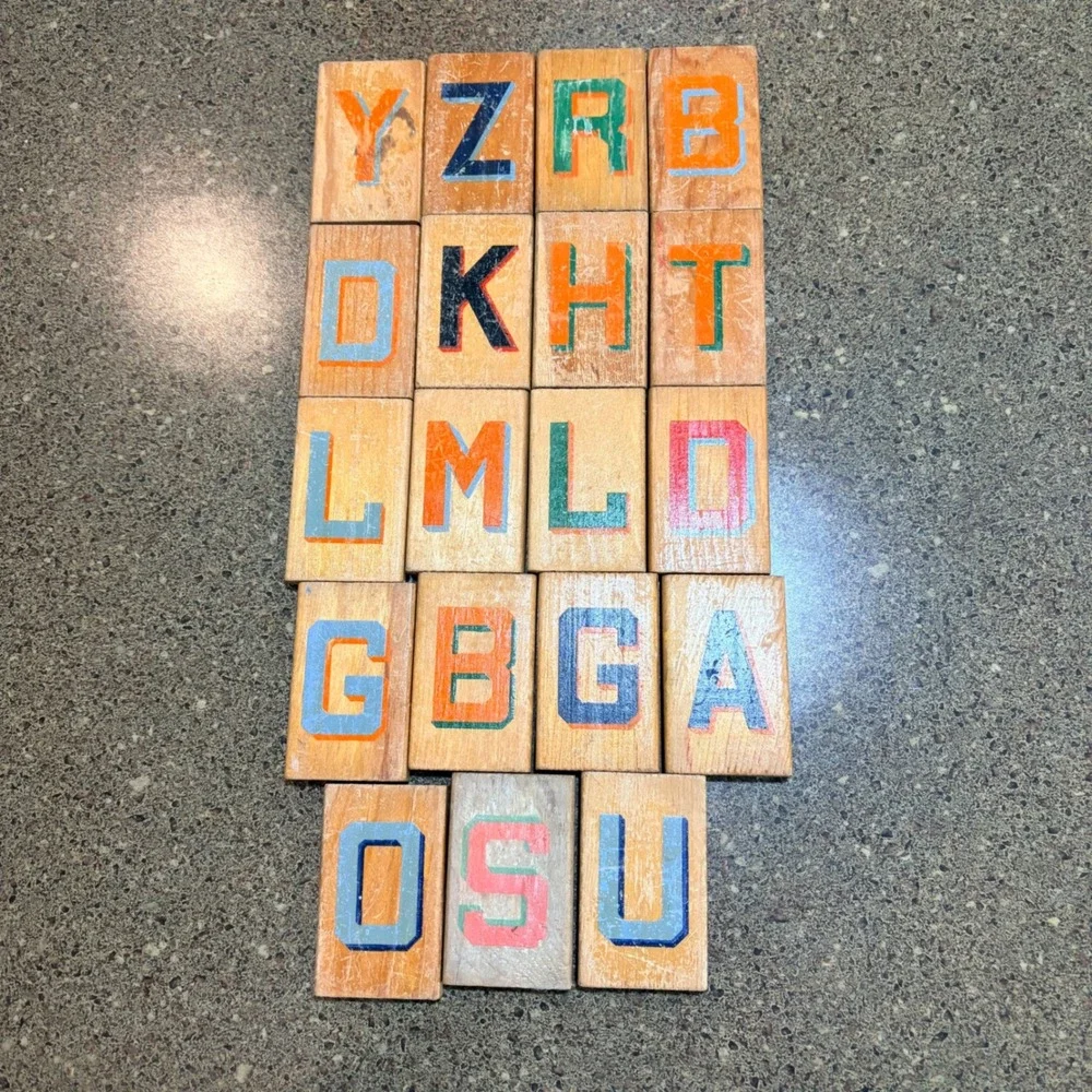 Vintage Style Wooden Alphabet Blocks Letterpress Wood Type Blocks Set of 19